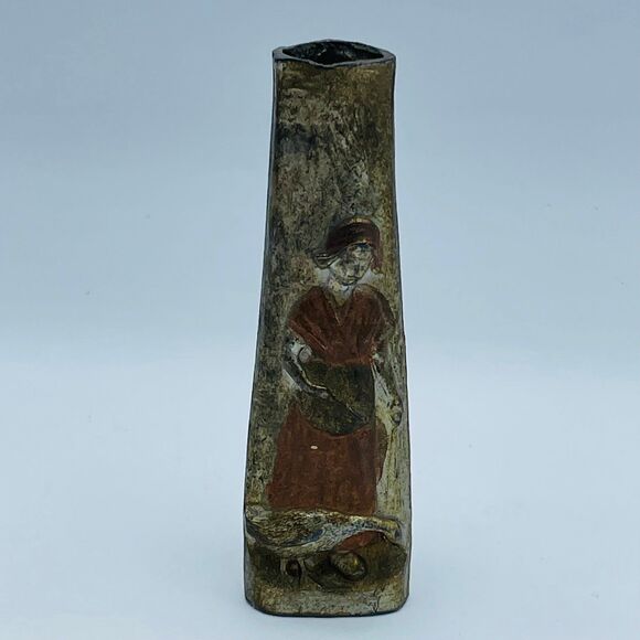 Vintage Slender Brass Bronze Metal Triangular Bud Vase Decor Woman w/ Goose - Picture 2 of 8